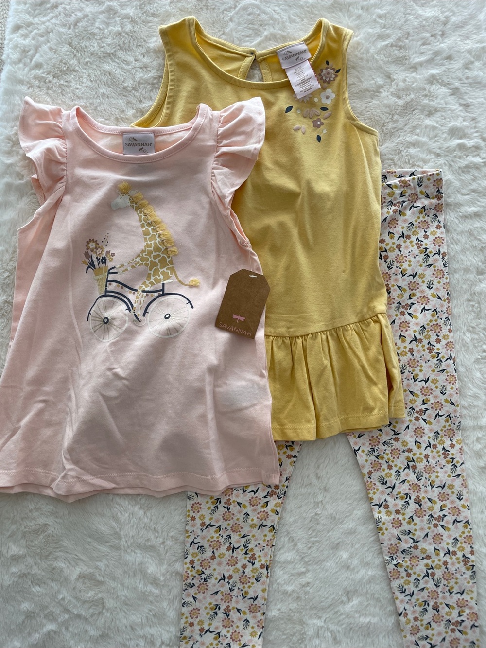 SALE! NWT Savannah Pink Giraffe Tee, Yellow Ruffle Tunic & Floral Leggings 5T